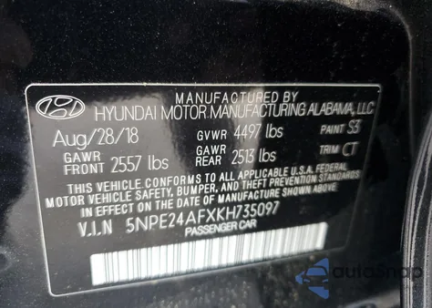2019 Hyundai Sonata Se z USA, uszkodzony, nr VIN 5NPE24AFXKH735097